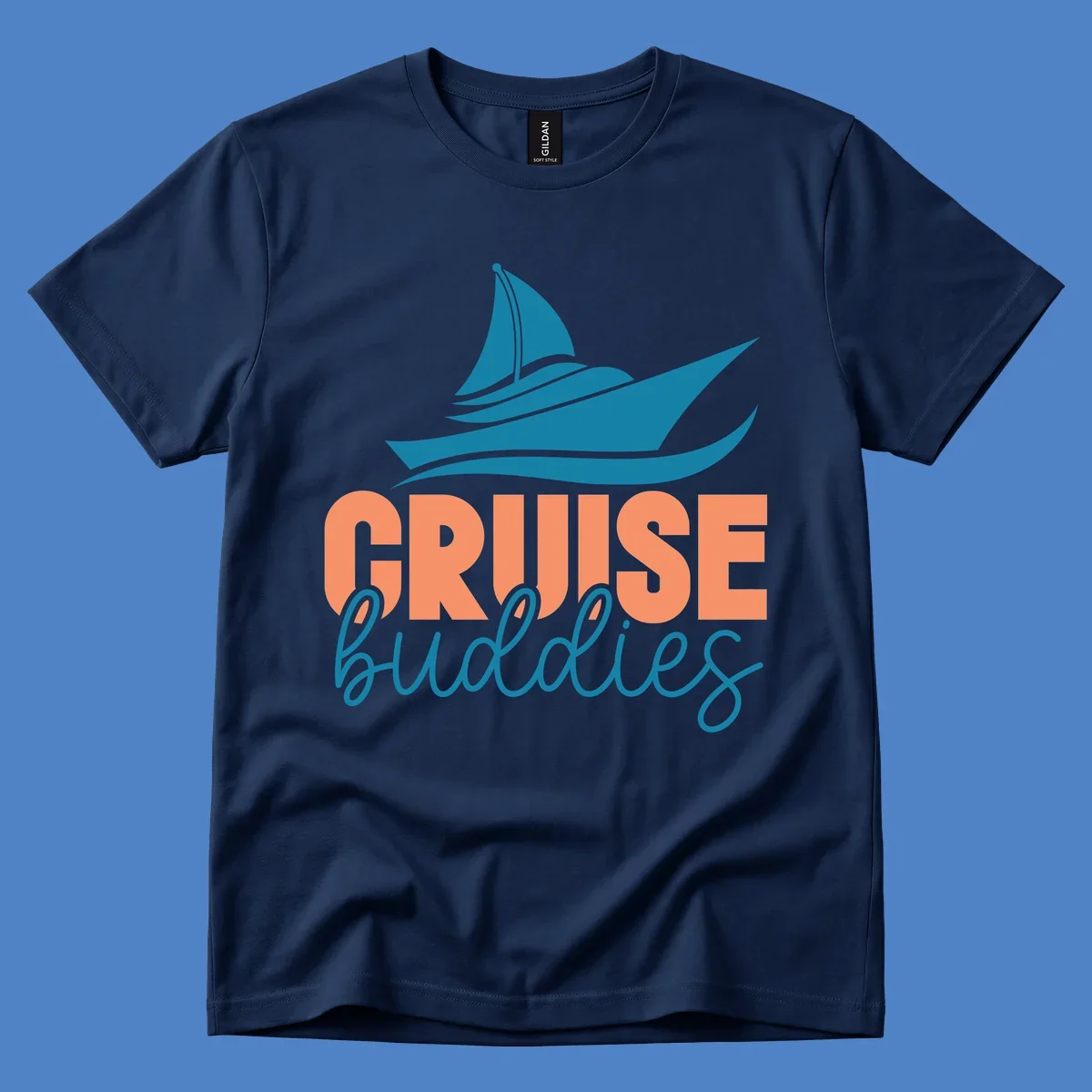 Teal cruise ship with wave details above coral and teal 'CRUISE buddies' text design