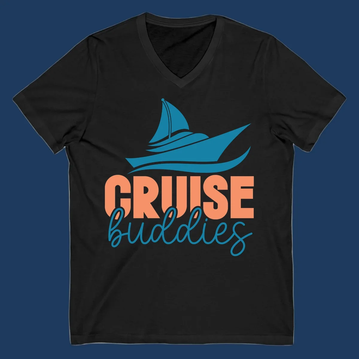 Teal cruise ship with wave details above coral and teal 'CRUISE buddies' text design