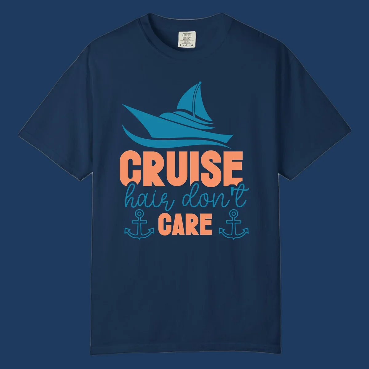Teal sailboat and waves above coral text reading 'CRUISE hair, don't CARE' with anchor designs