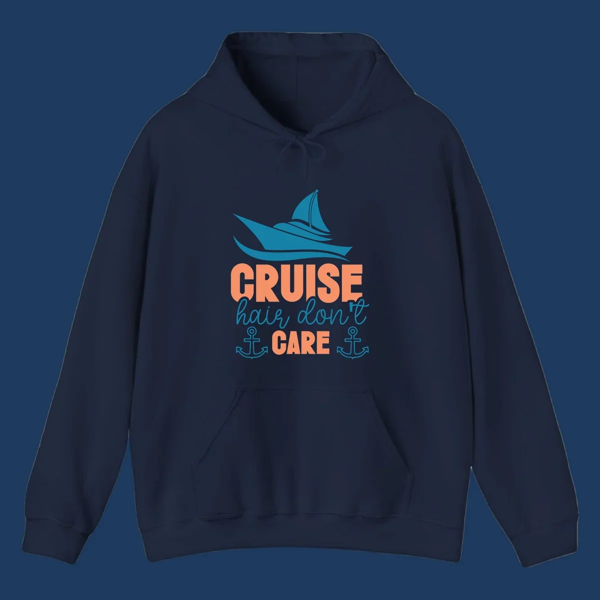 Teal sailboat and waves above coral text reading 'CRUISE hair, don't CARE' with anchor designs