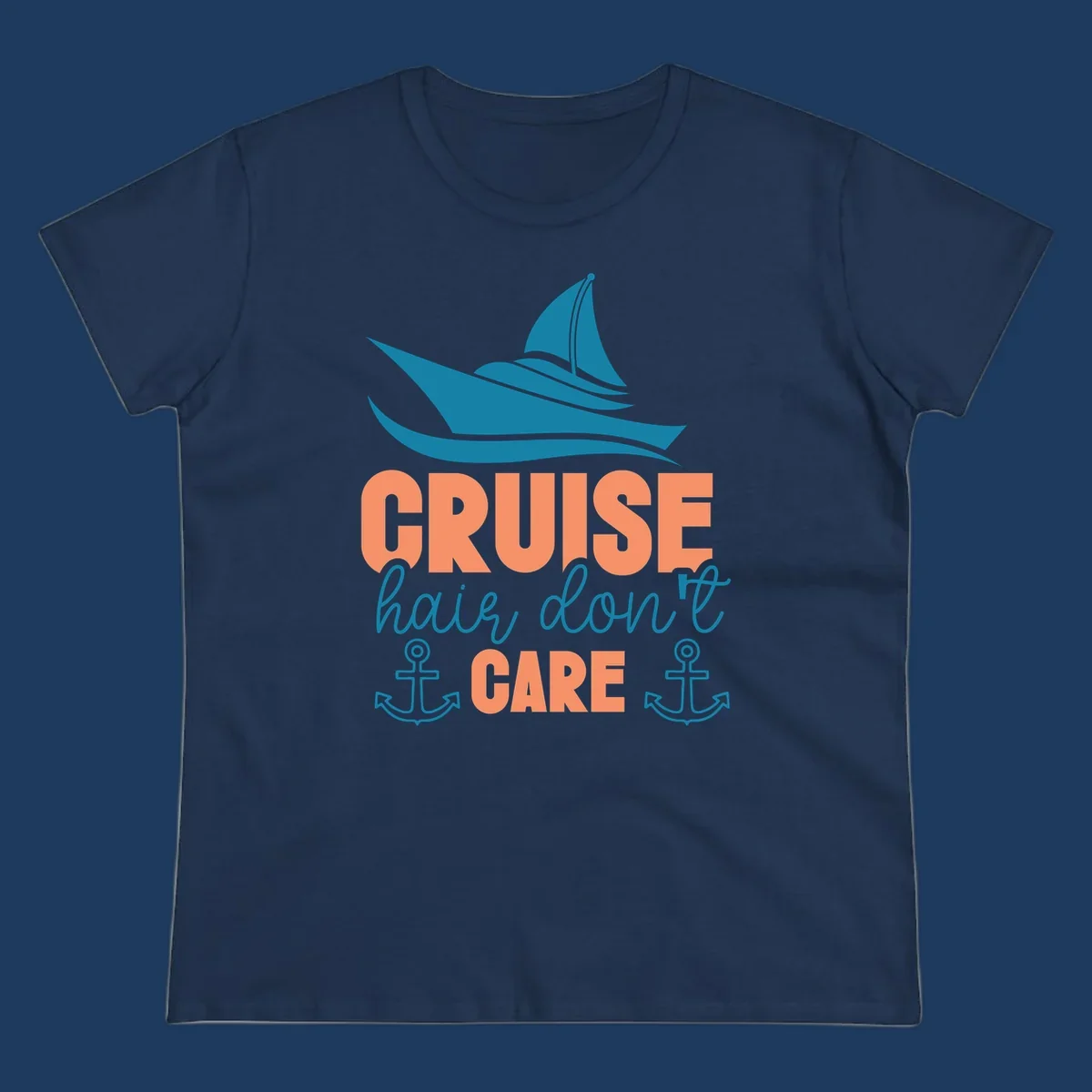 Teal sailboat and waves above coral text reading 'CRUISE hair, don't CARE' with anchor designs