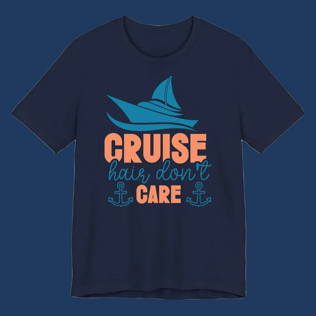 Teal sailboat and waves above coral text reading 'CRUISE hair, don't CARE' with anchor designs