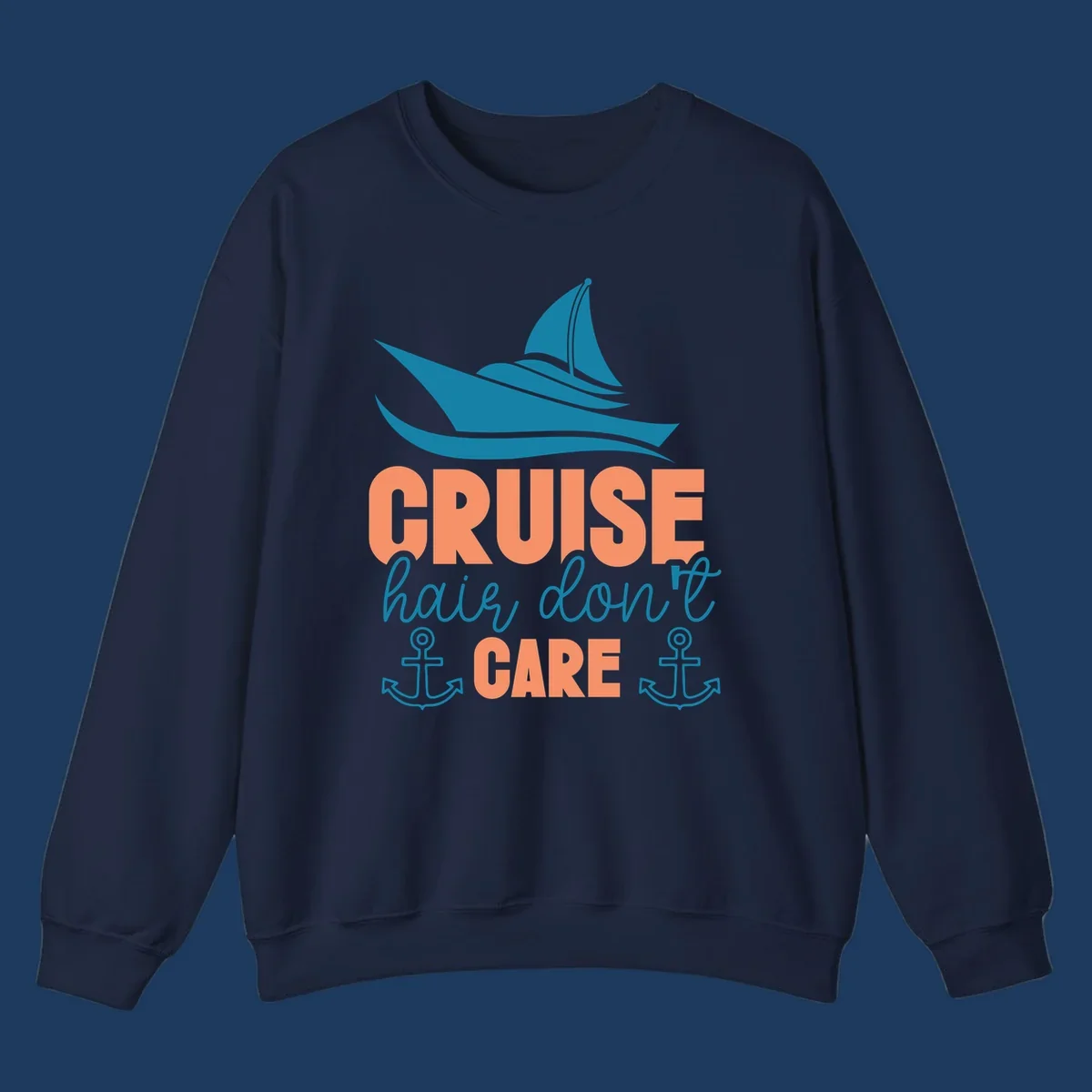Teal sailboat and waves above coral text reading 'CRUISE hair, don't CARE' with anchor designs