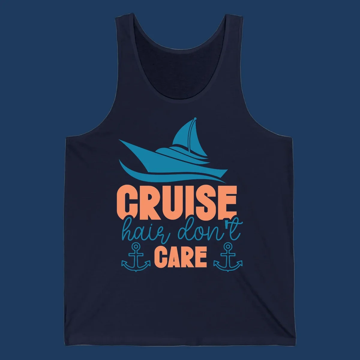 Teal sailboat and waves above coral text reading 'CRUISE hair, don't CARE' with anchor designs