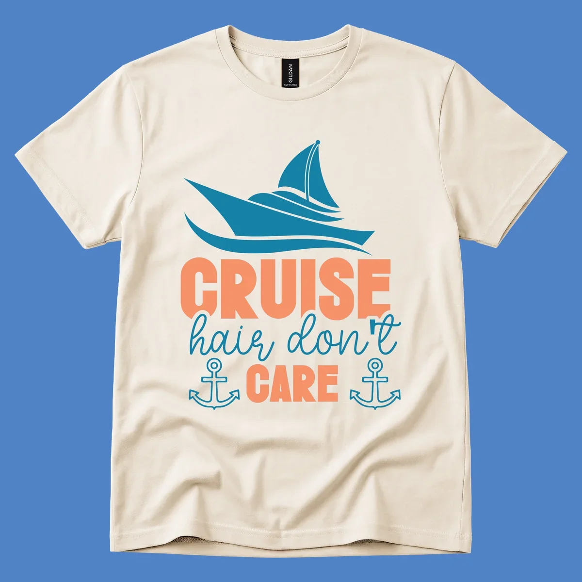 Teal sailboat and waves above coral text reading 'CRUISE hair, don't CARE' with anchor designs