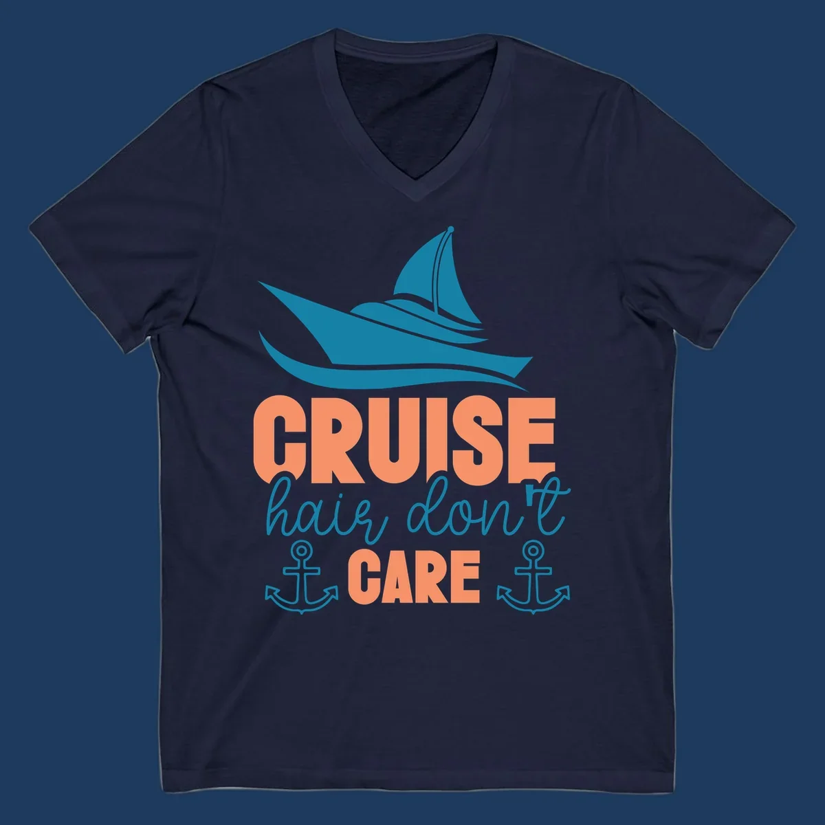 Teal sailboat and waves above coral text reading 'CRUISE hair, don't CARE' with anchor designs