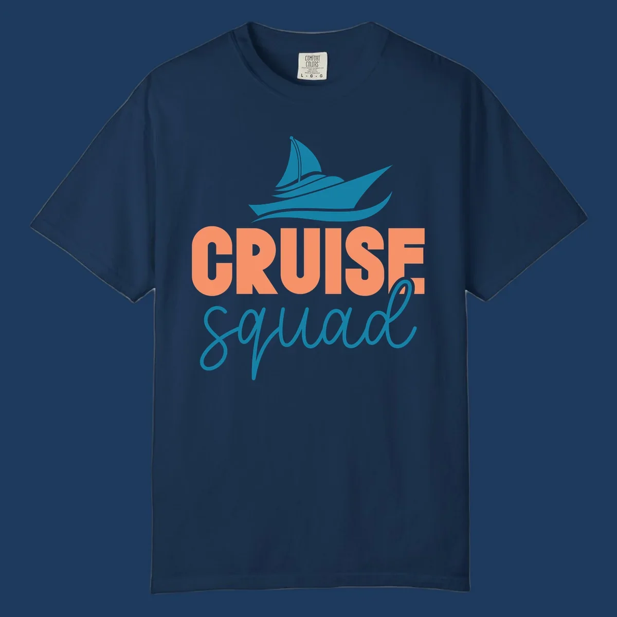 Teal sailboat illustration above coral text reading 'CRUISE Squad' on gray background