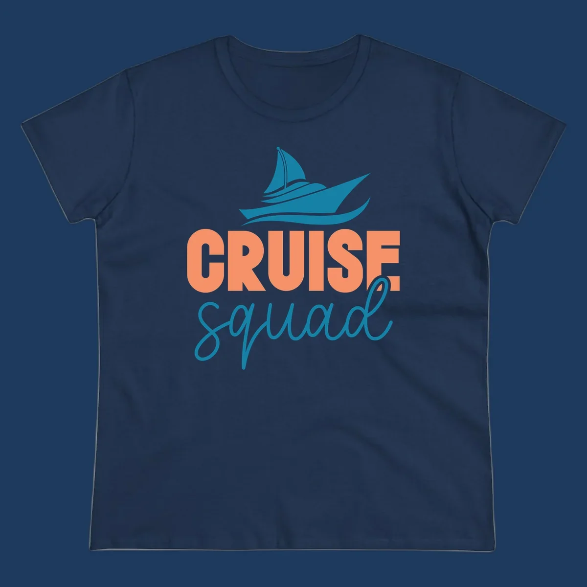 Teal sailboat illustration above coral text reading 'CRUISE Squad' on gray background