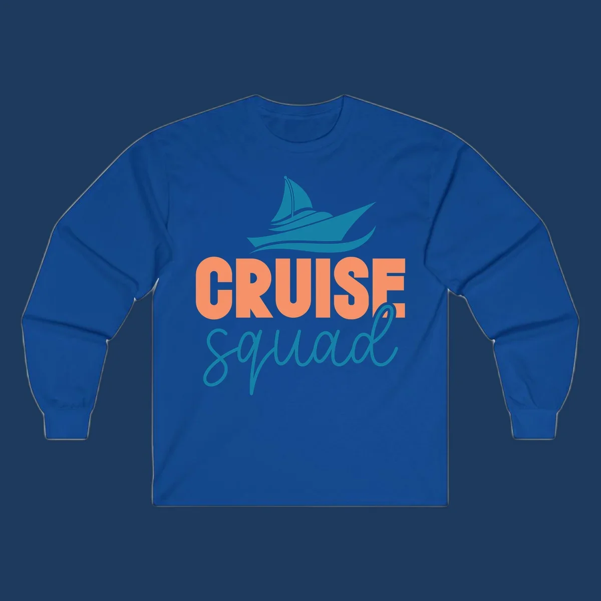 Teal sailboat illustration above coral text reading 'CRUISE Squad' on gray background