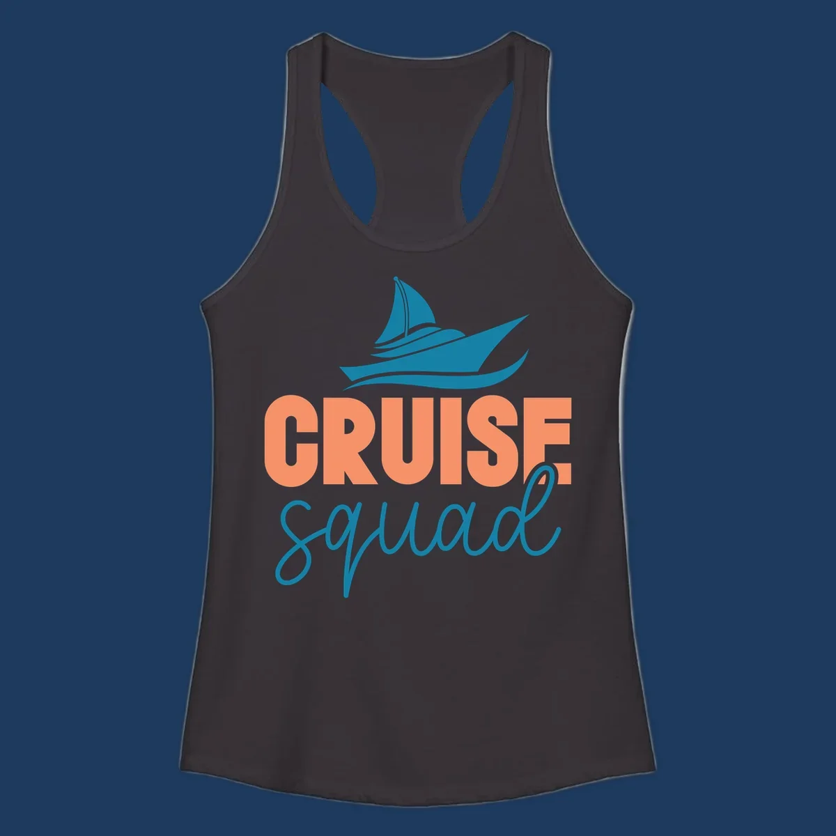 Teal sailboat illustration above coral text reading 'CRUISE Squad' on gray background
