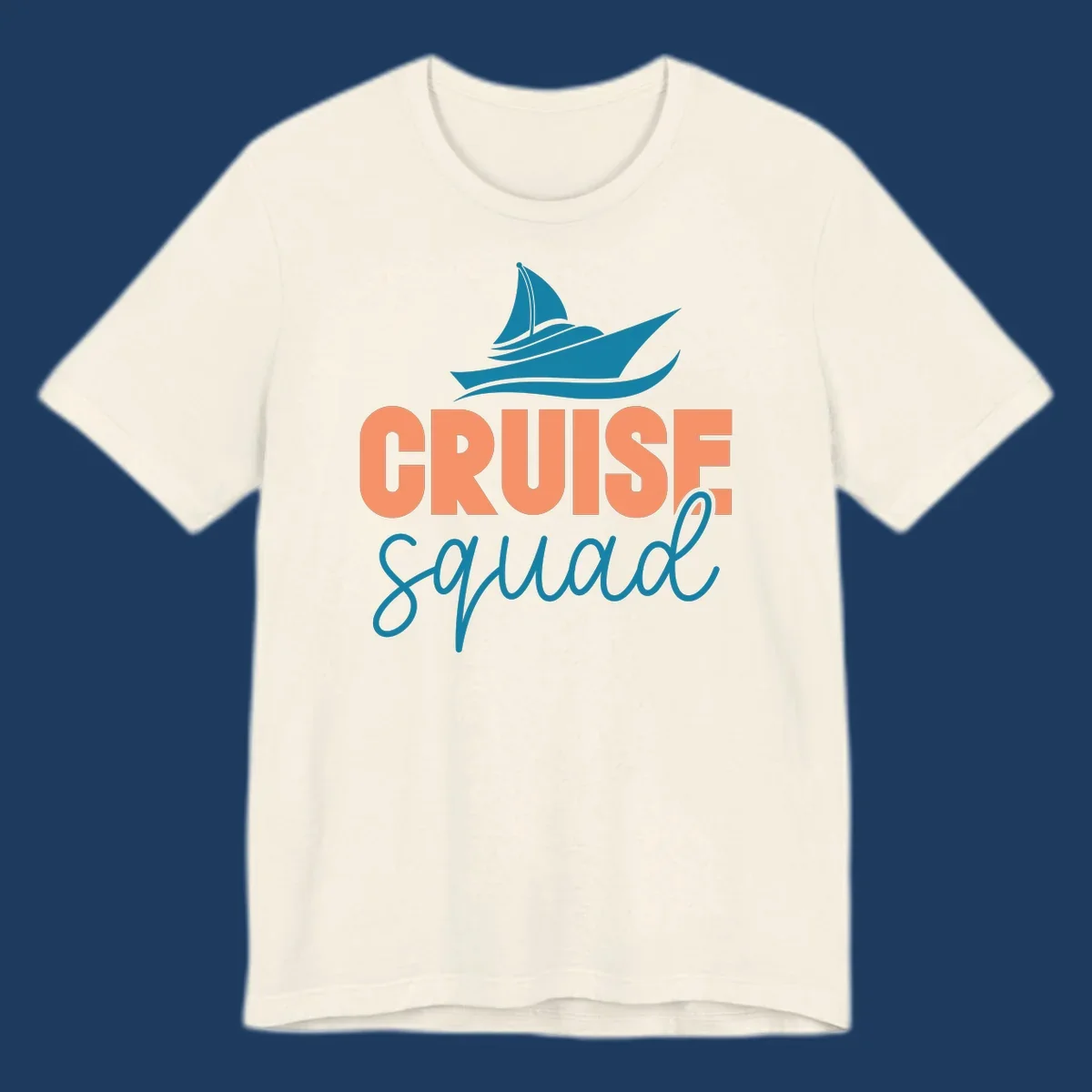 Teal sailboat illustration above coral text reading 'CRUISE Squad' on gray background