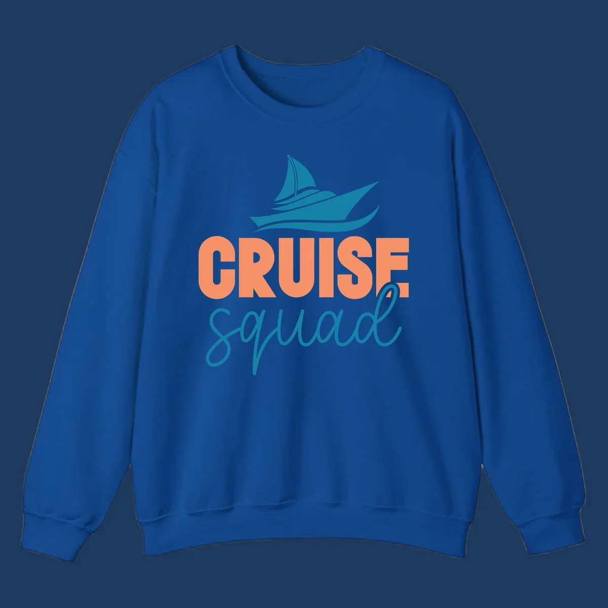 Teal sailboat illustration above coral text reading 'CRUISE Squad' on gray background