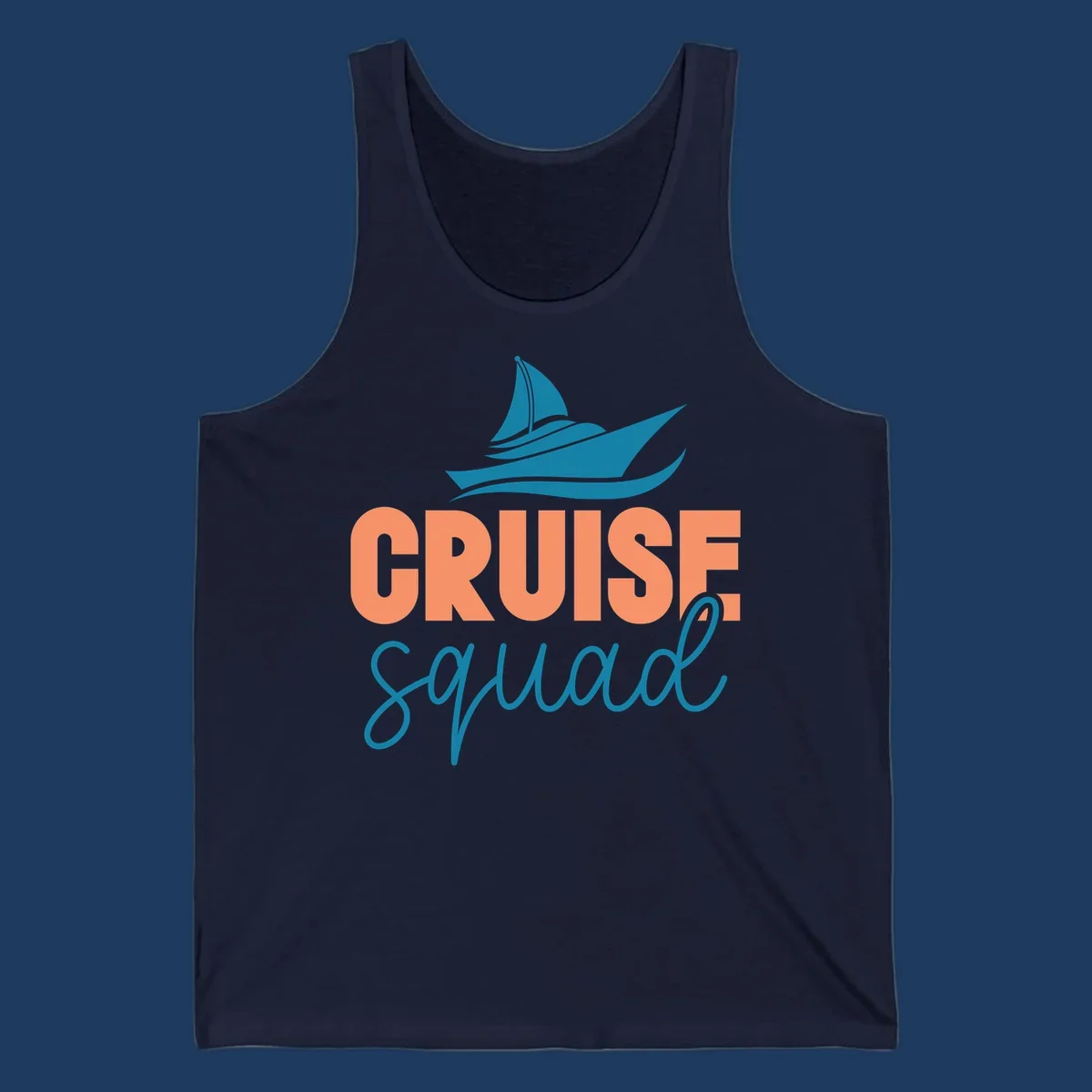 Teal sailboat illustration above coral text reading 'CRUISE Squad' on gray background