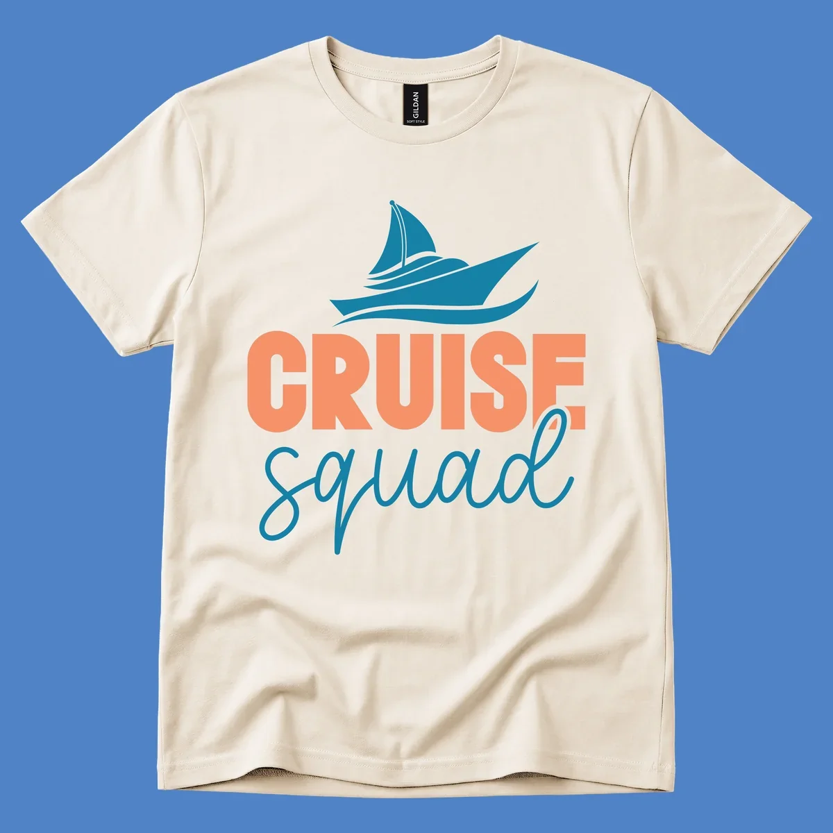 Teal sailboat illustration above coral text reading 'CRUISE Squad' on gray background
