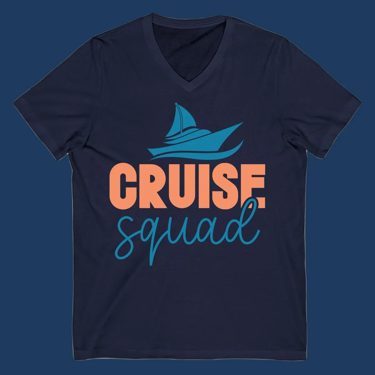 Teal sailboat illustration above coral text reading 'CRUISE Squad' on gray background