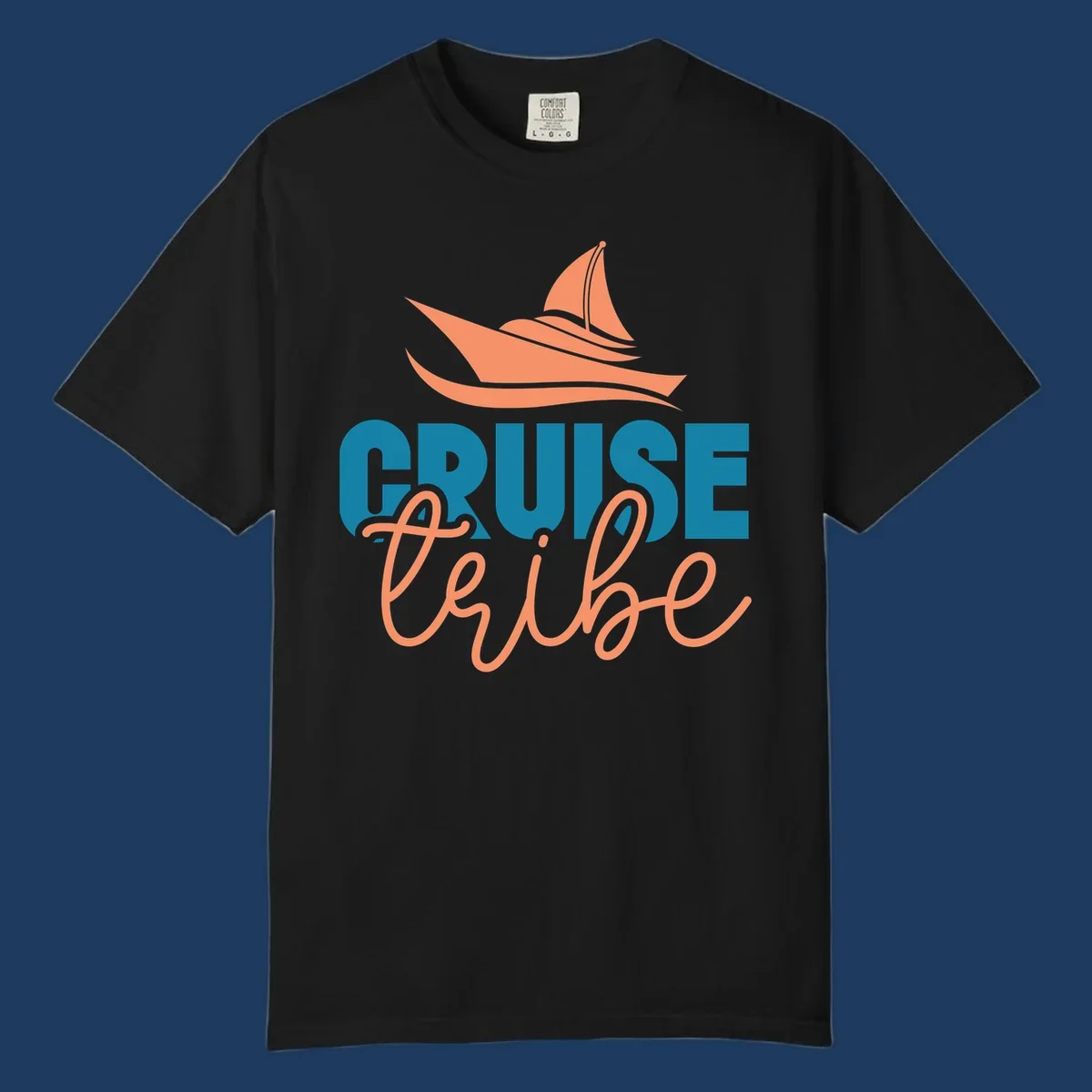 Cruise vibe sailboat design with coral sailboat, ocean waves, and teal and coral lettering on gray background