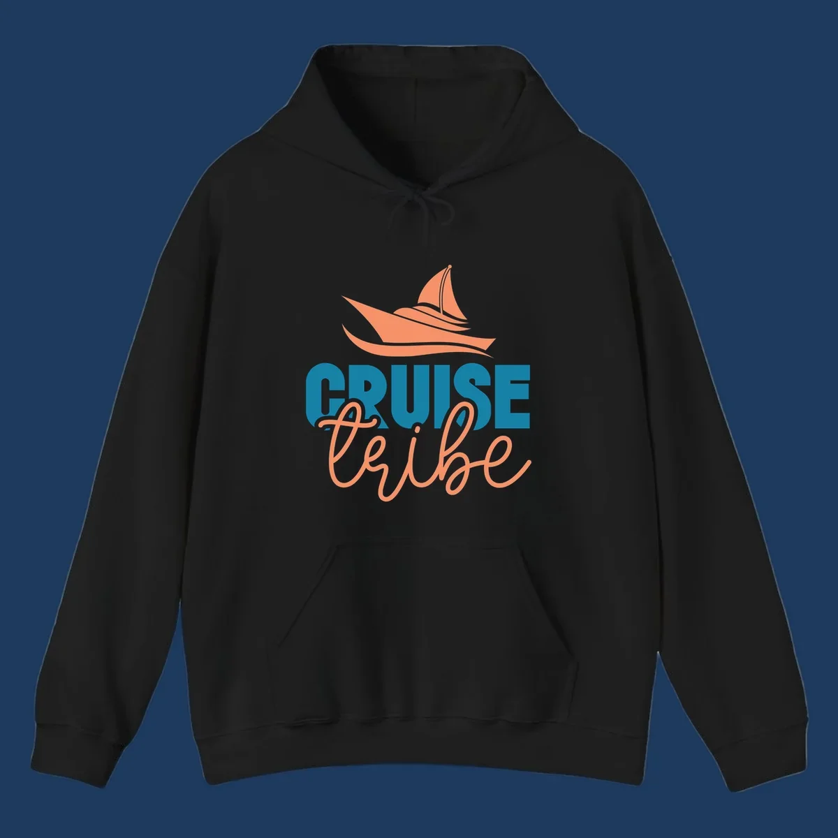 Cruise vibe sailboat design with coral sailboat, ocean waves, and teal and coral lettering on gray background