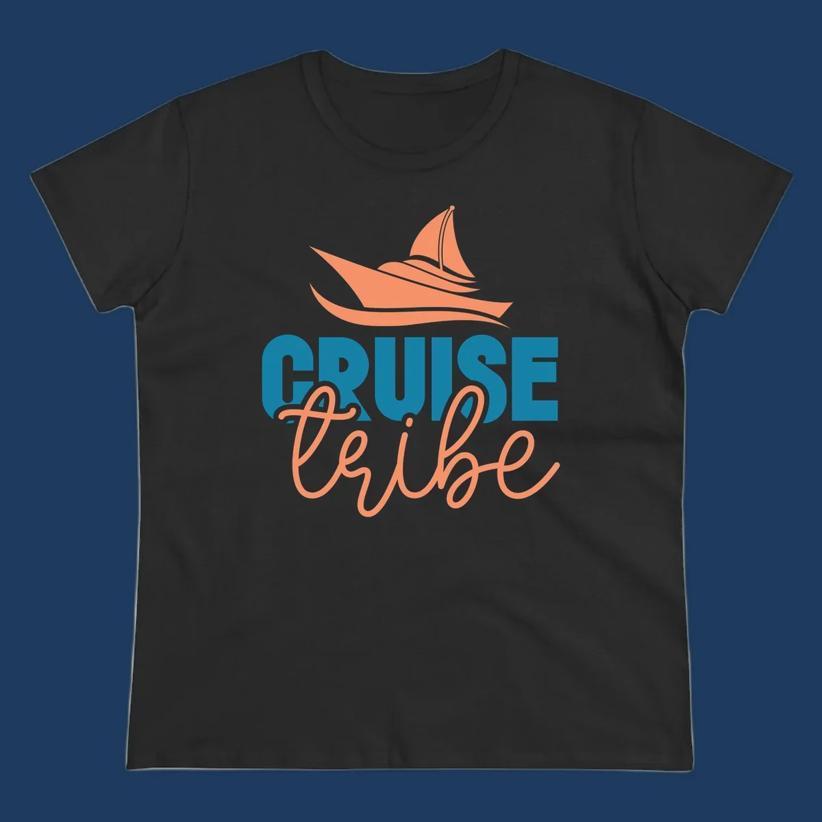 Cruise vibe sailboat design with coral sailboat, ocean waves, and teal and coral lettering on gray background