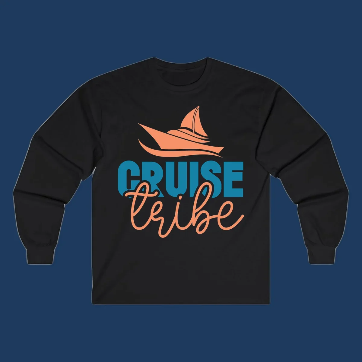 Cruise vibe sailboat design with coral sailboat, ocean waves, and teal and coral lettering on gray background