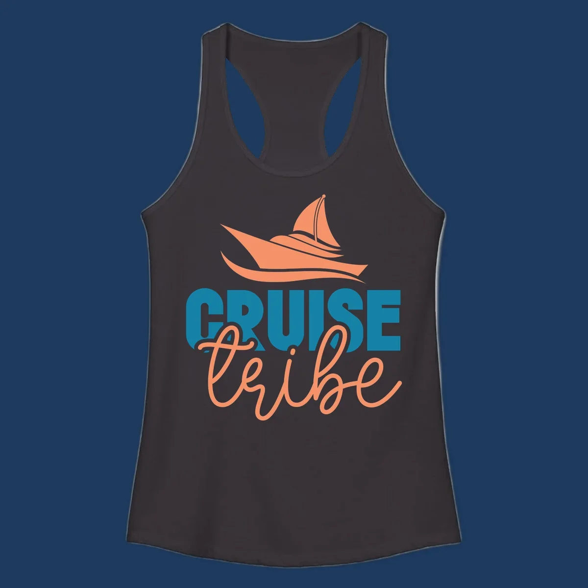 Cruise vibe sailboat design with coral sailboat, ocean waves, and teal and coral lettering on gray background
