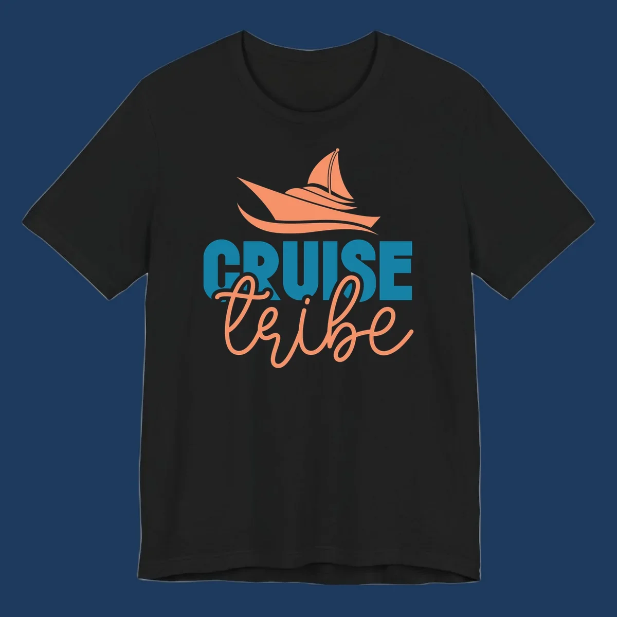 Cruise vibe sailboat design with coral sailboat, ocean waves, and teal and coral lettering on gray background