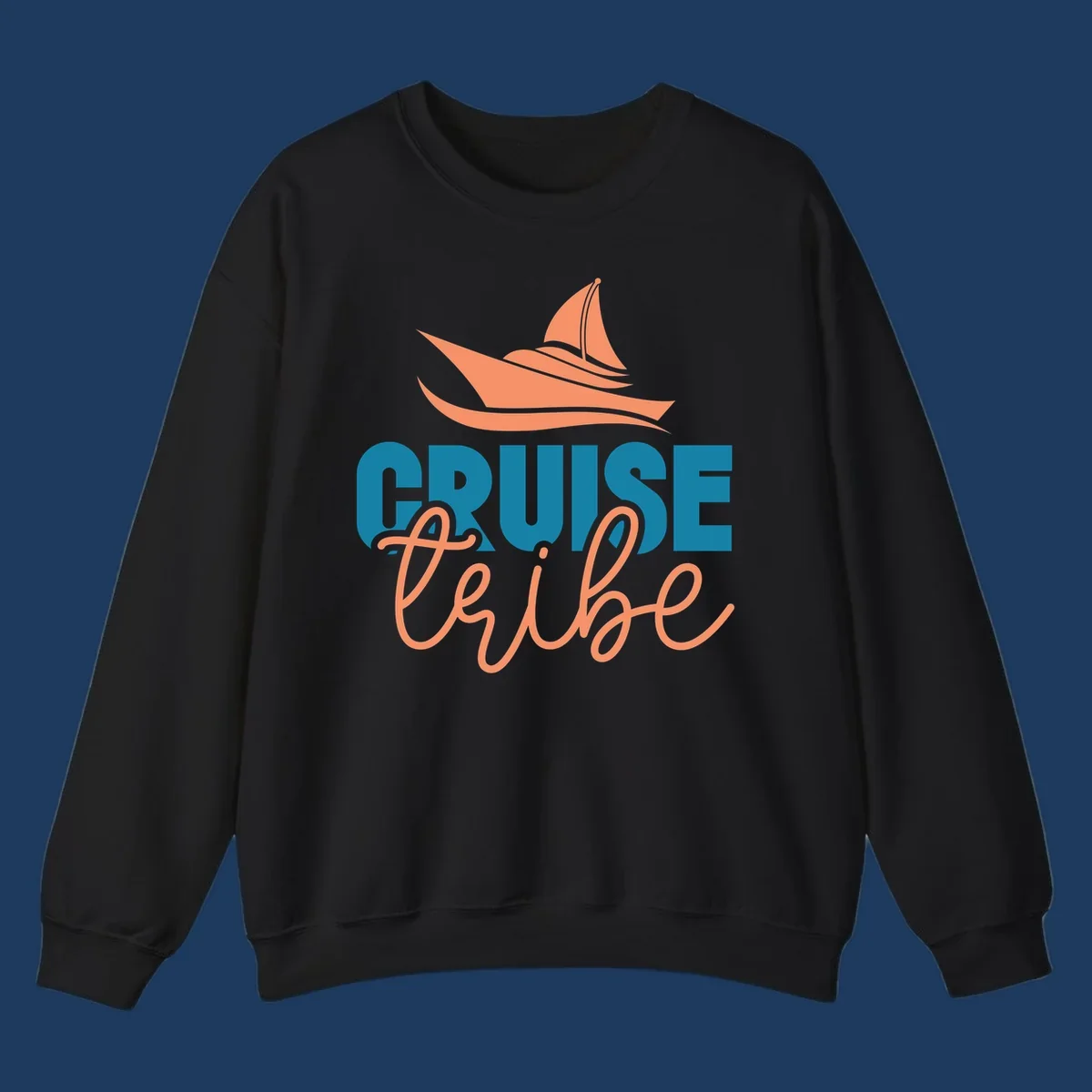 Cruise vibe sailboat design with coral sailboat, ocean waves, and teal and coral lettering on gray background