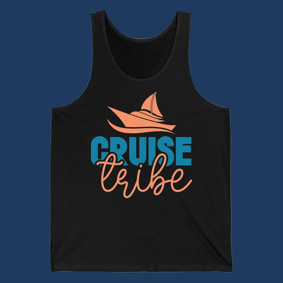 Cruise vibe sailboat design with coral sailboat, ocean waves, and teal and coral lettering on gray background