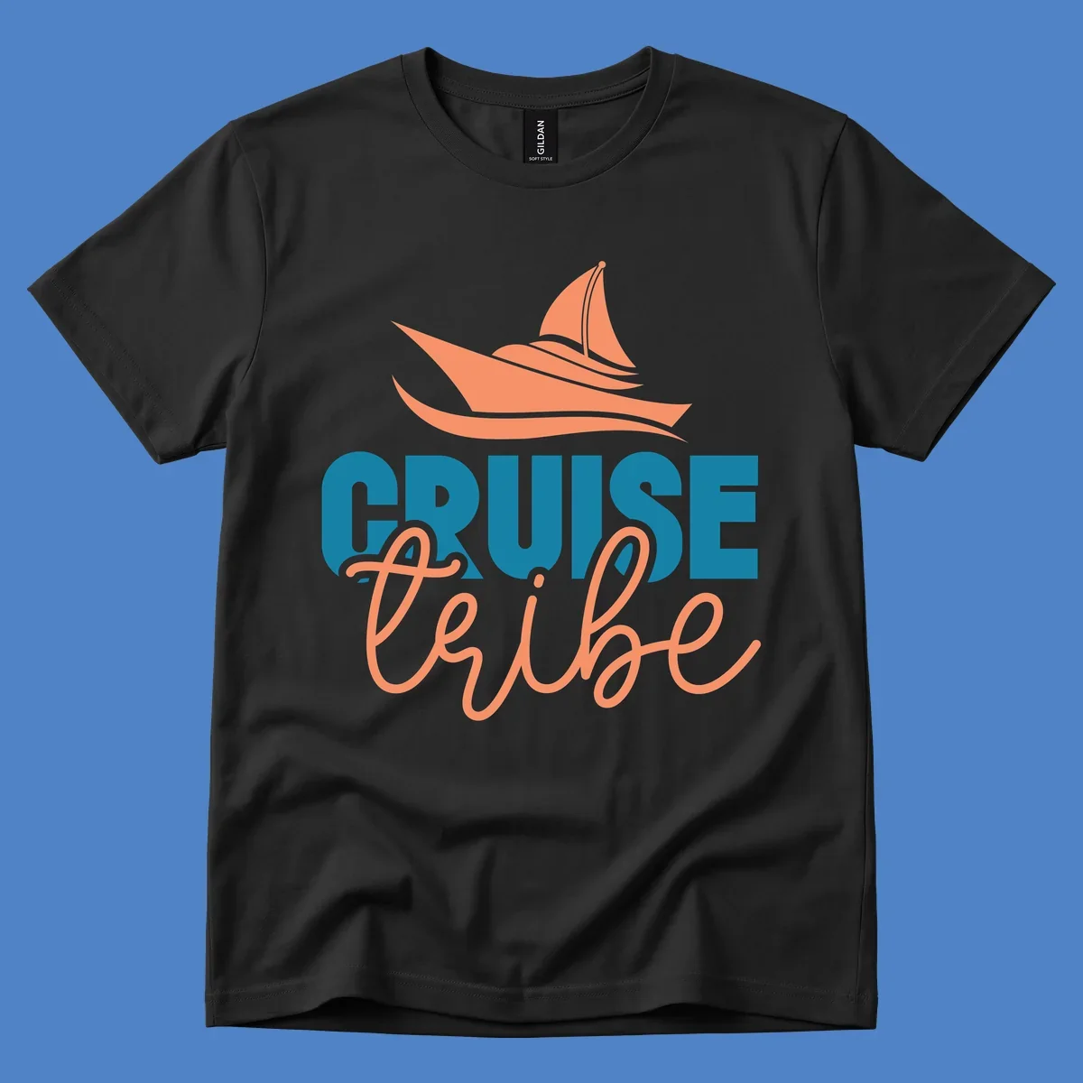 Cruise vibe sailboat design with coral sailboat, ocean waves, and teal and coral lettering on gray background