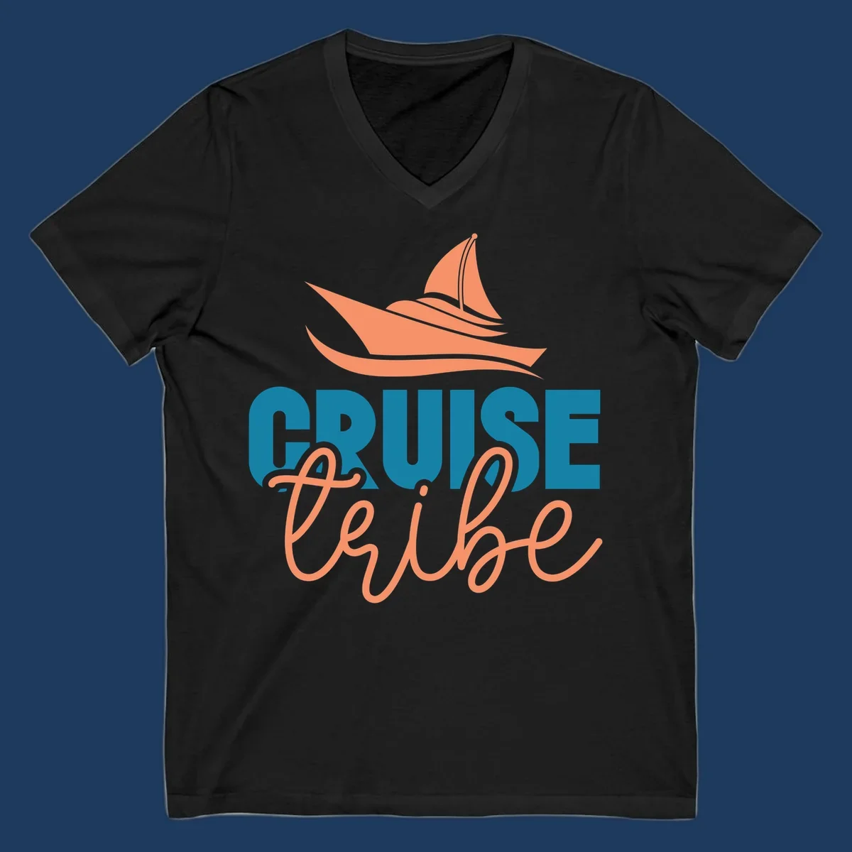 Cruise vibe sailboat design with coral sailboat, ocean waves, and teal and coral lettering on gray background