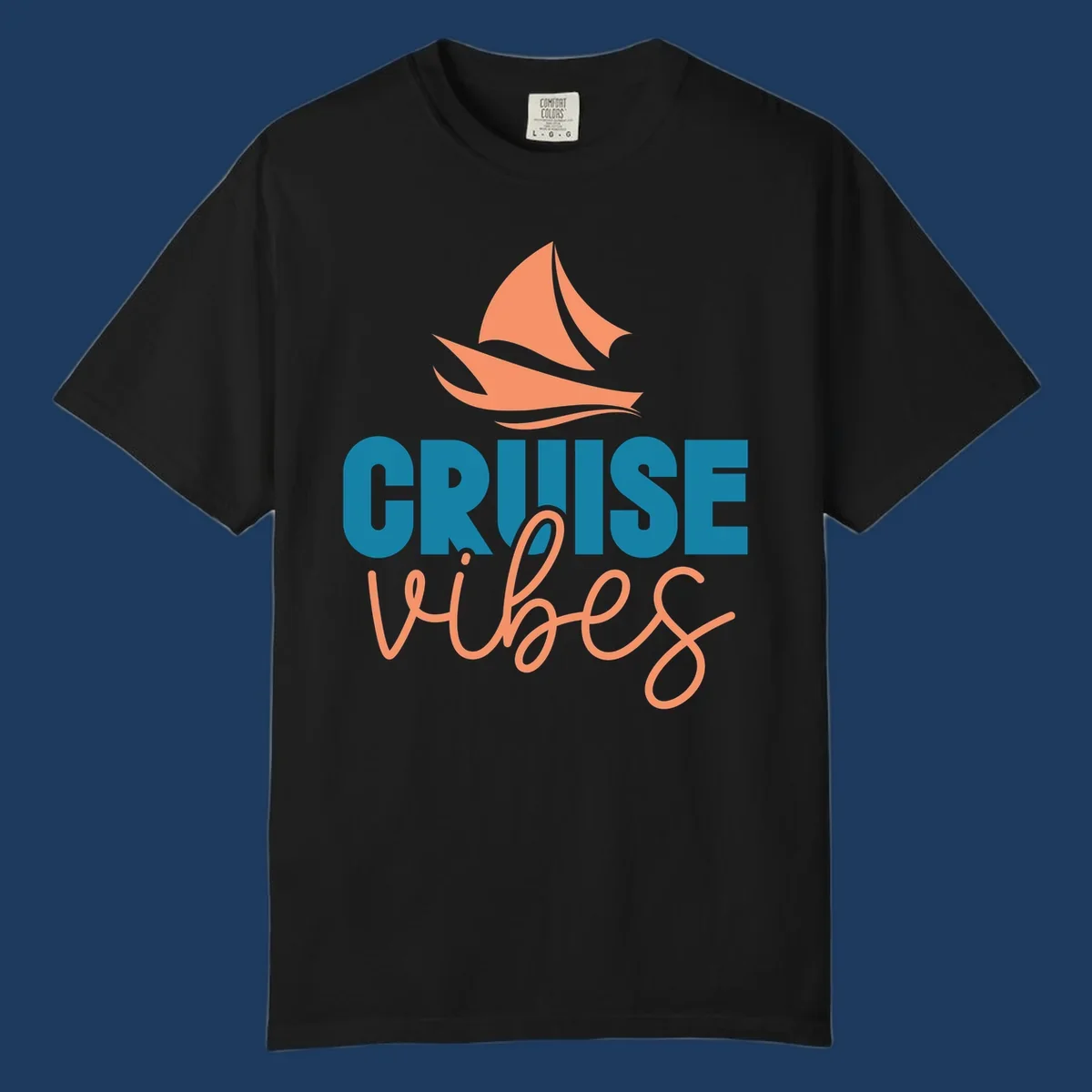 Cruise vibes sailboat design with coral sails and teal lettering on gray background