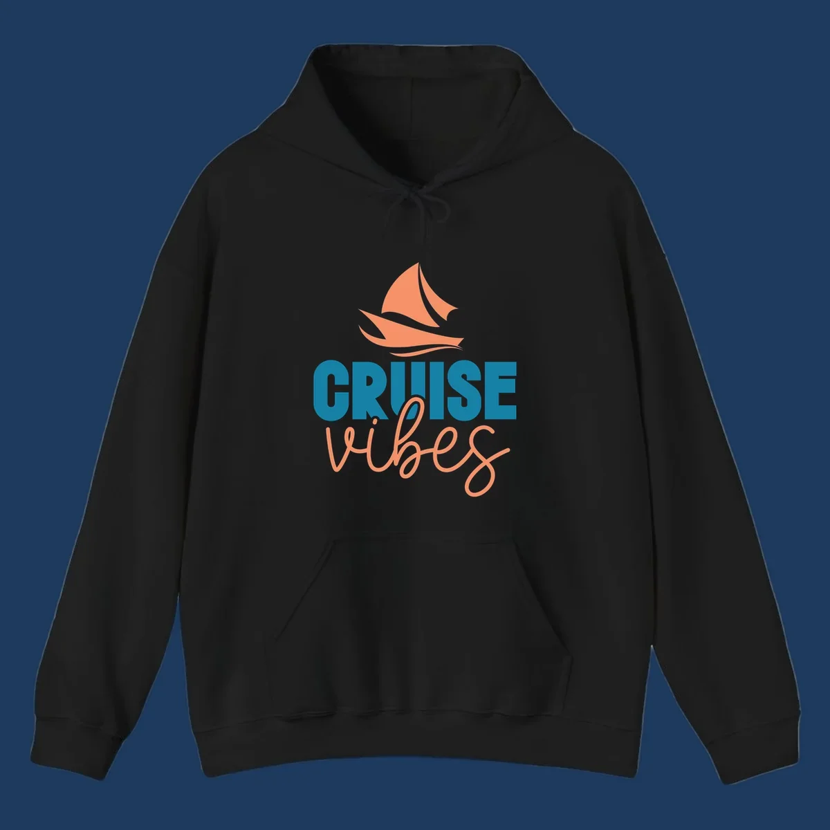 Cruise vibes sailboat design with coral sails and teal lettering on gray background