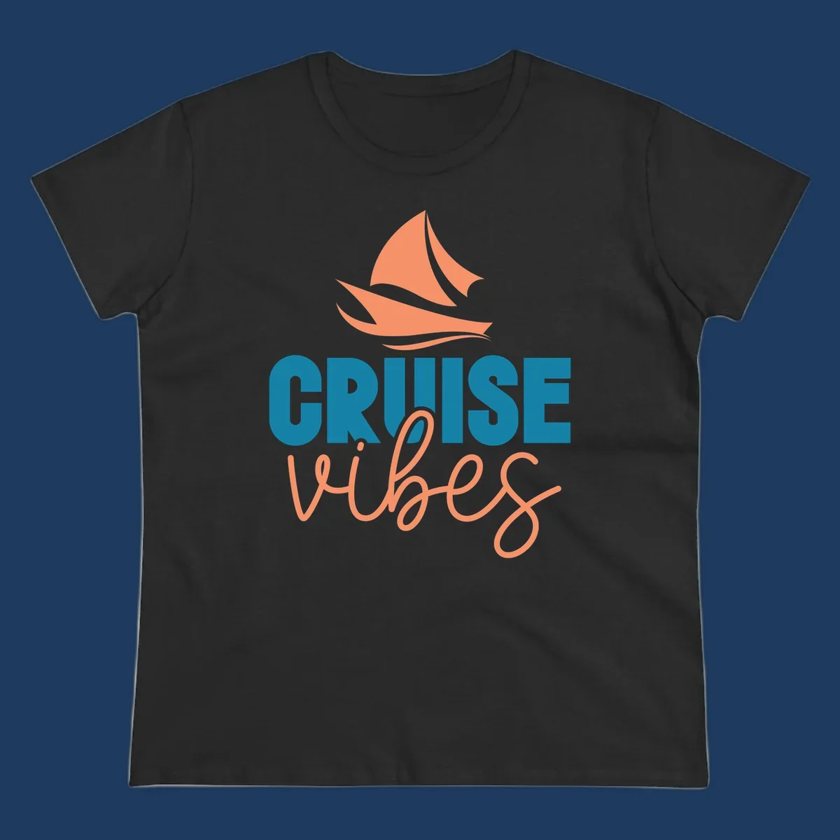 Cruise vibes sailboat design with coral sails and teal lettering on gray background