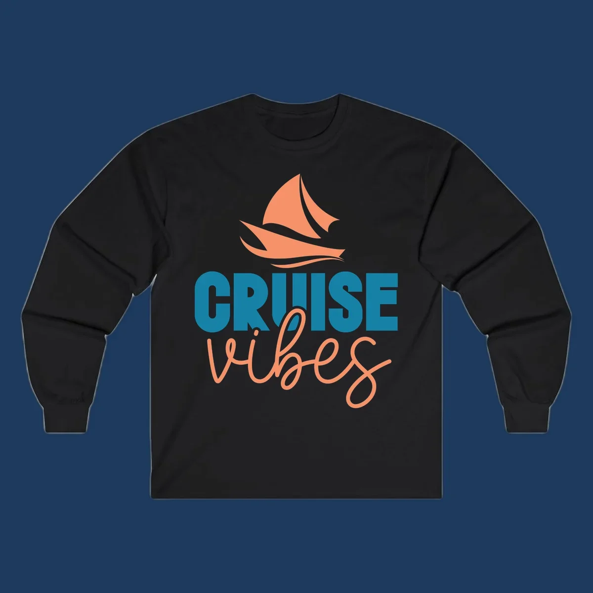 Cruise vibes sailboat design with coral sails and teal lettering on gray background
