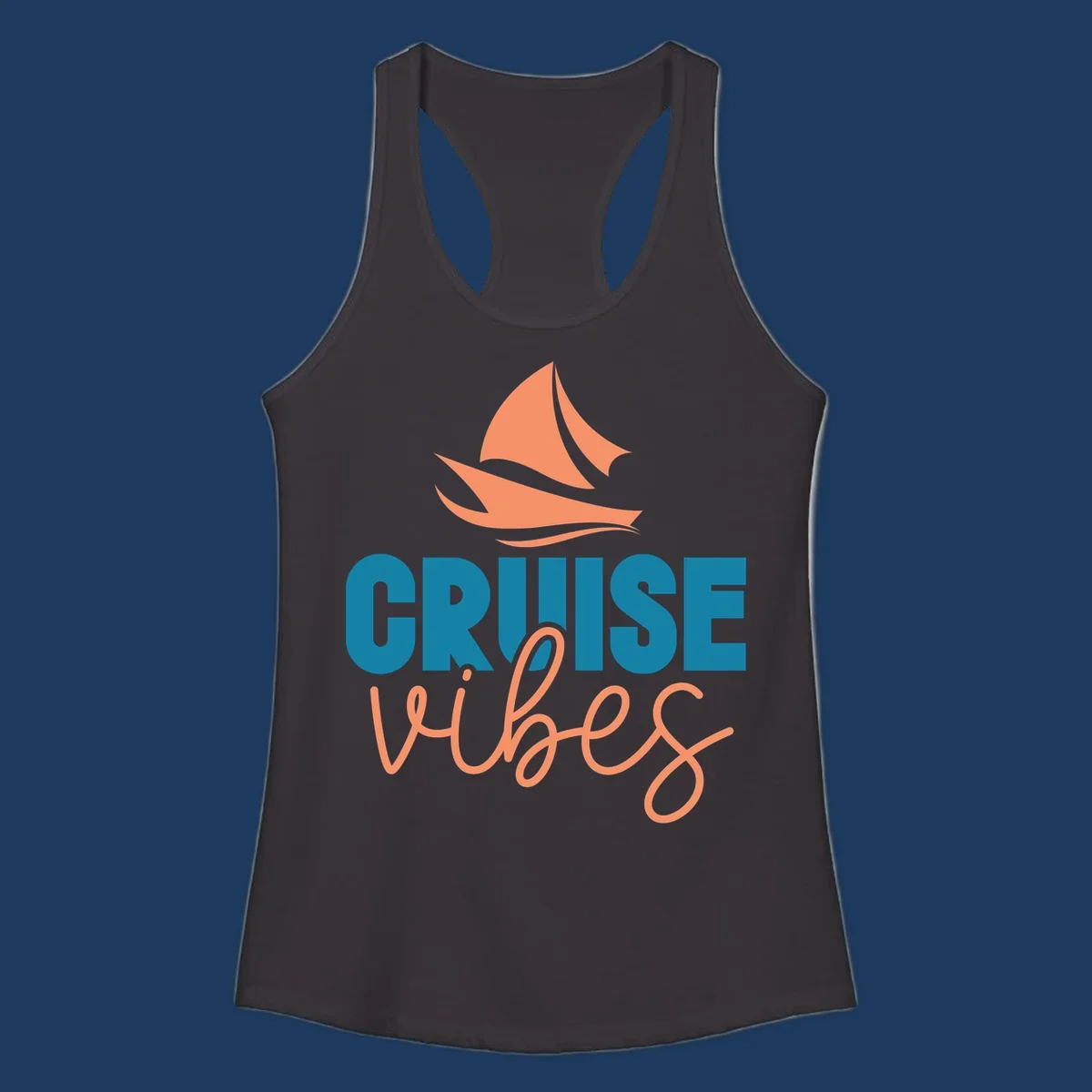 Cruise vibes sailboat design with coral sails and teal lettering on gray background