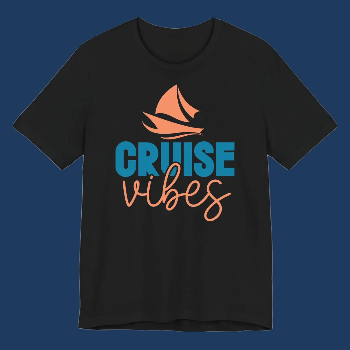 Cruise vibes sailboat design with coral sails and teal lettering on gray background
