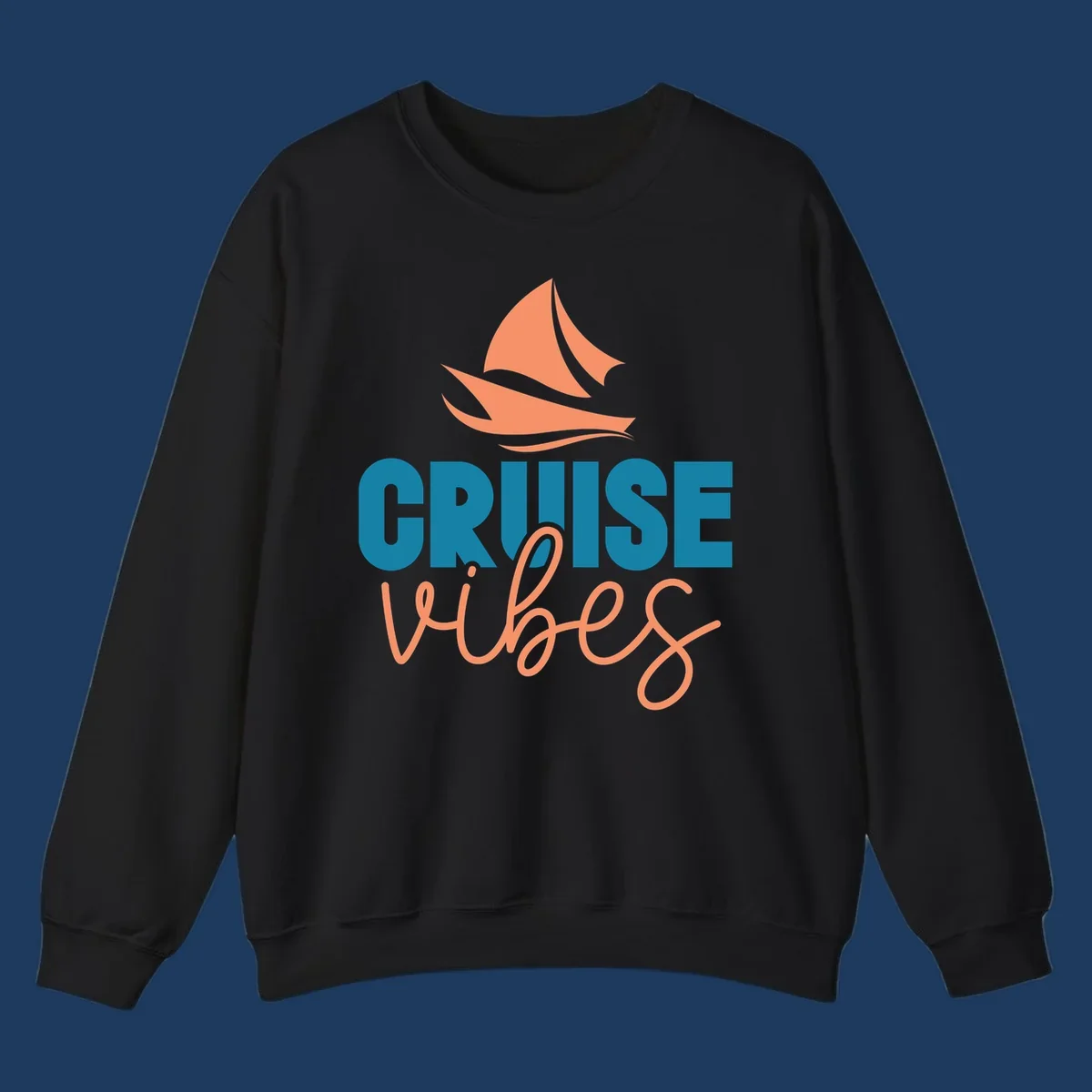 Cruise vibes sailboat design with coral sails and teal lettering on gray background