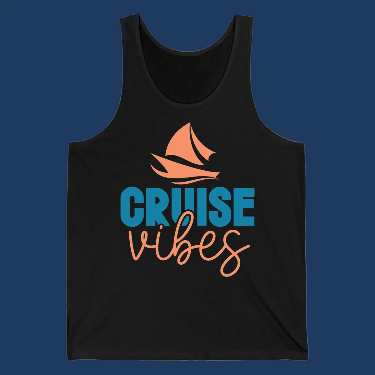 Cruise vibes sailboat design with coral sails and teal lettering on gray background