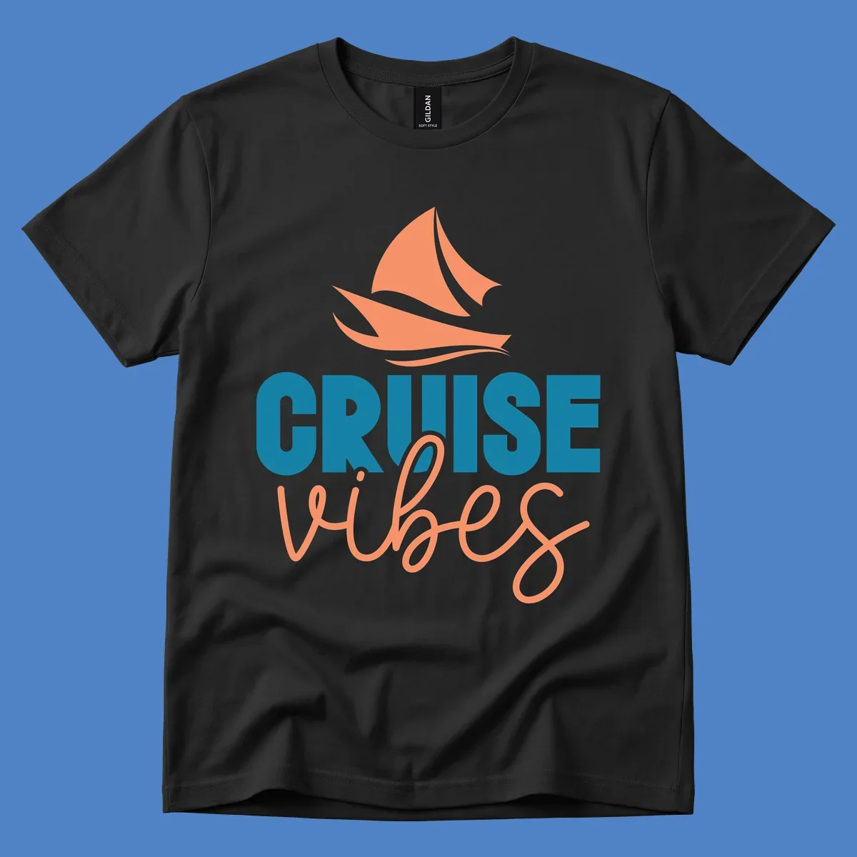 Cruise vibes sailboat design with coral sails and teal lettering on gray background