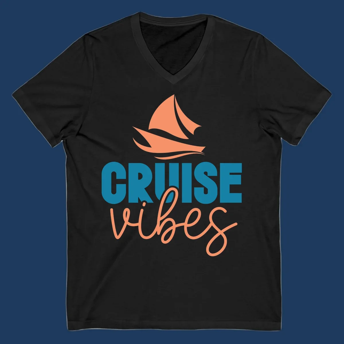 Cruise vibes sailboat design with coral sails and teal lettering on gray background