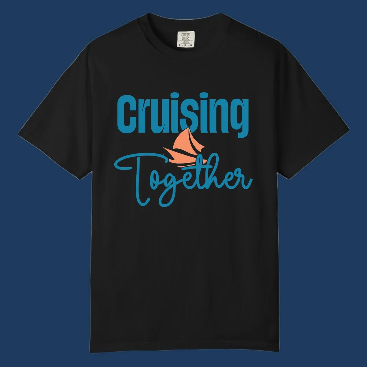 Teal and coral sailboat illustration with 'Cruising Together' text in cursive lettering on gray background
