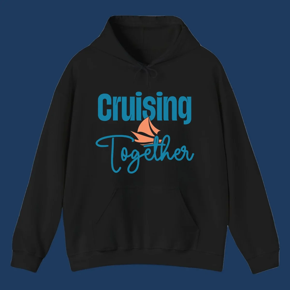 Teal and coral sailboat illustration with 'Cruising Together' text in cursive lettering on gray background