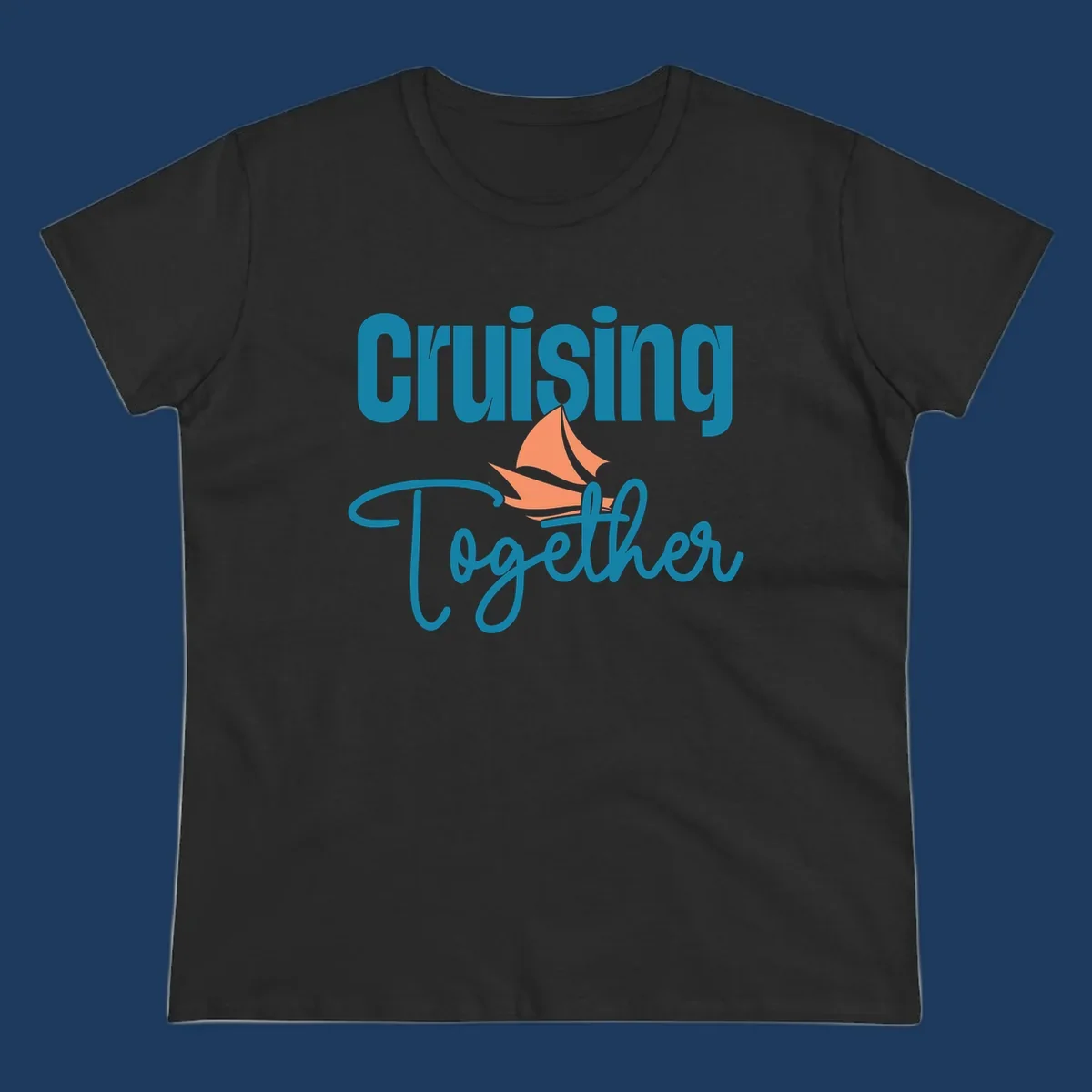 Teal and coral sailboat illustration with 'Cruising Together' text in cursive lettering on gray background