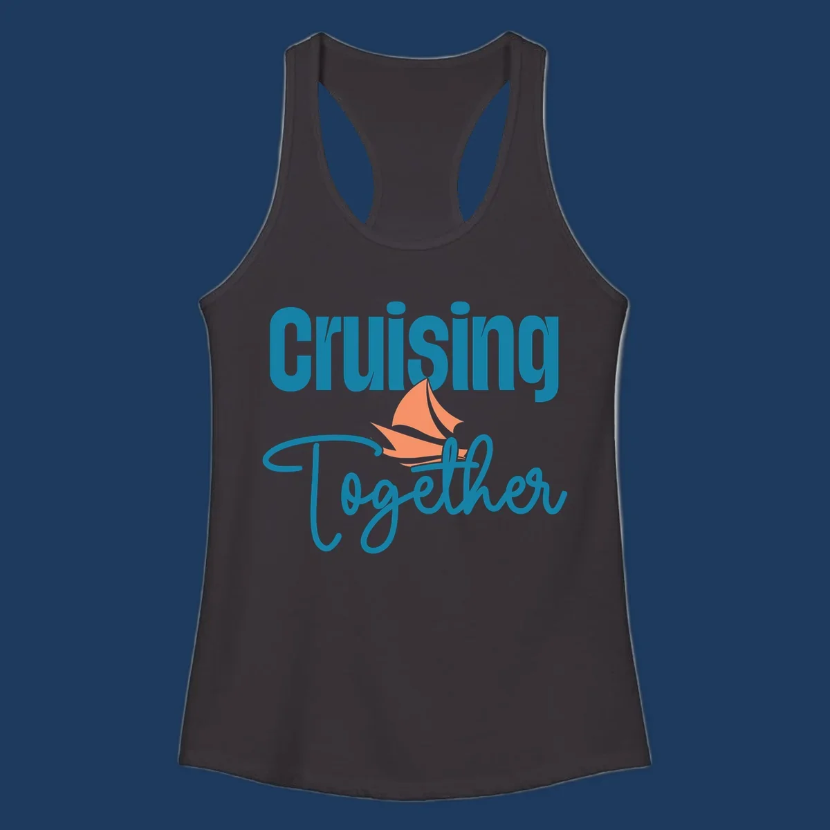 Teal and coral sailboat illustration with 'Cruising Together' text in cursive lettering on gray background