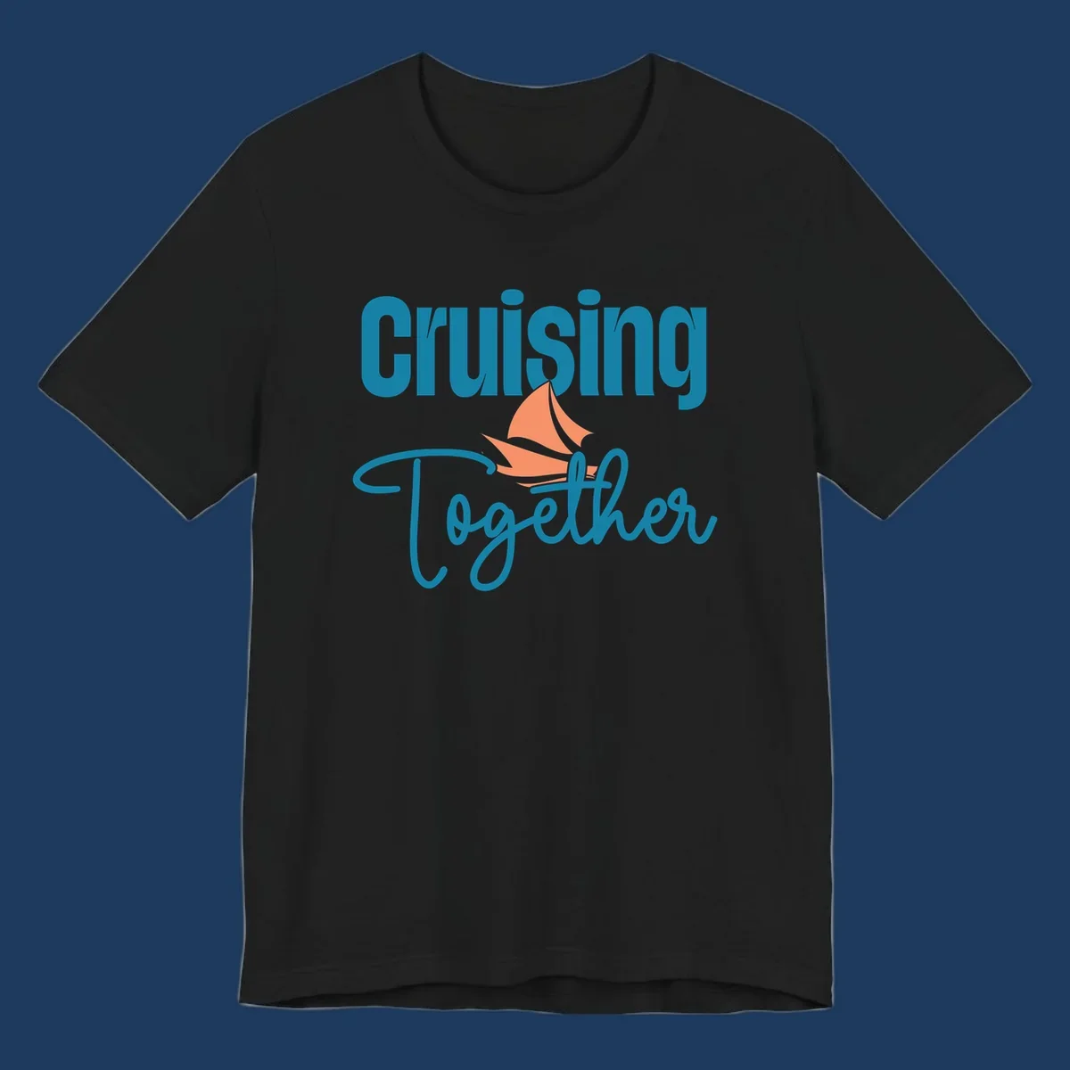 Teal and coral sailboat illustration with 'Cruising Together' text in cursive lettering on gray background