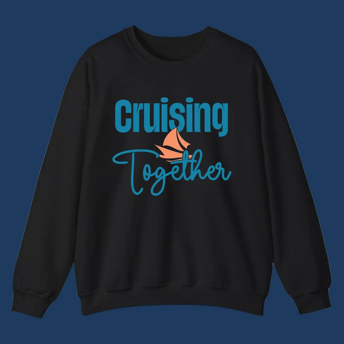 Teal and coral sailboat illustration with 'Cruising Together' text in cursive lettering on gray background