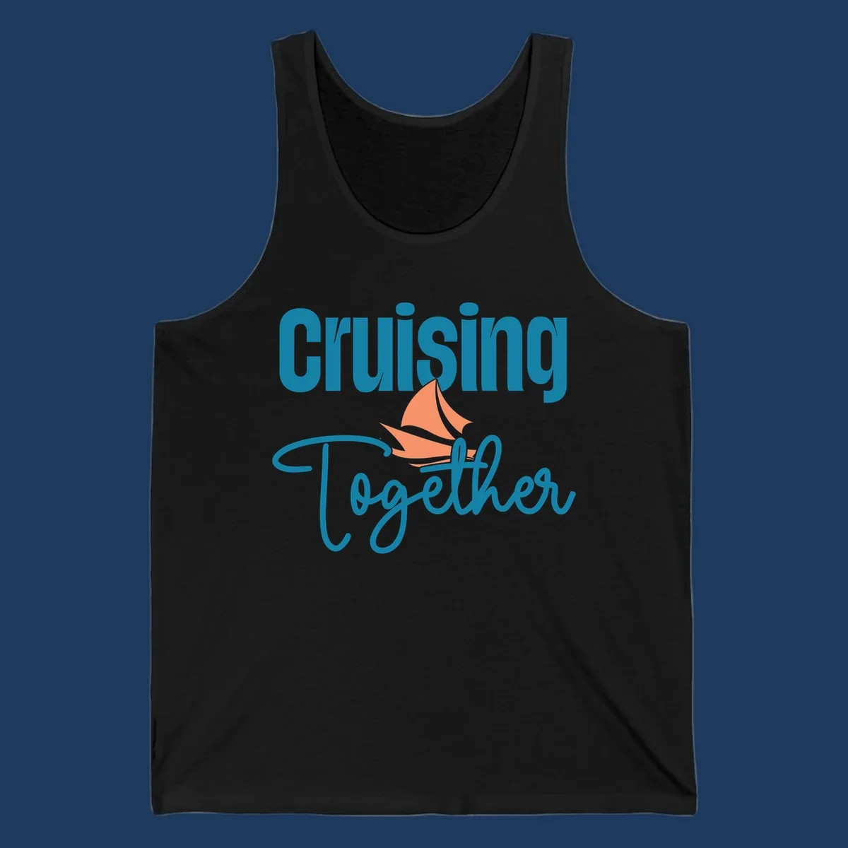 Teal and coral sailboat illustration with 'Cruising Together' text in cursive lettering on gray background