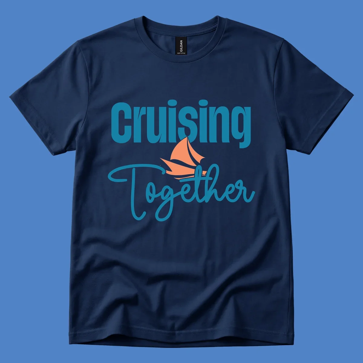 Teal and coral sailboat illustration with 'Cruising Together' text in cursive lettering on gray background