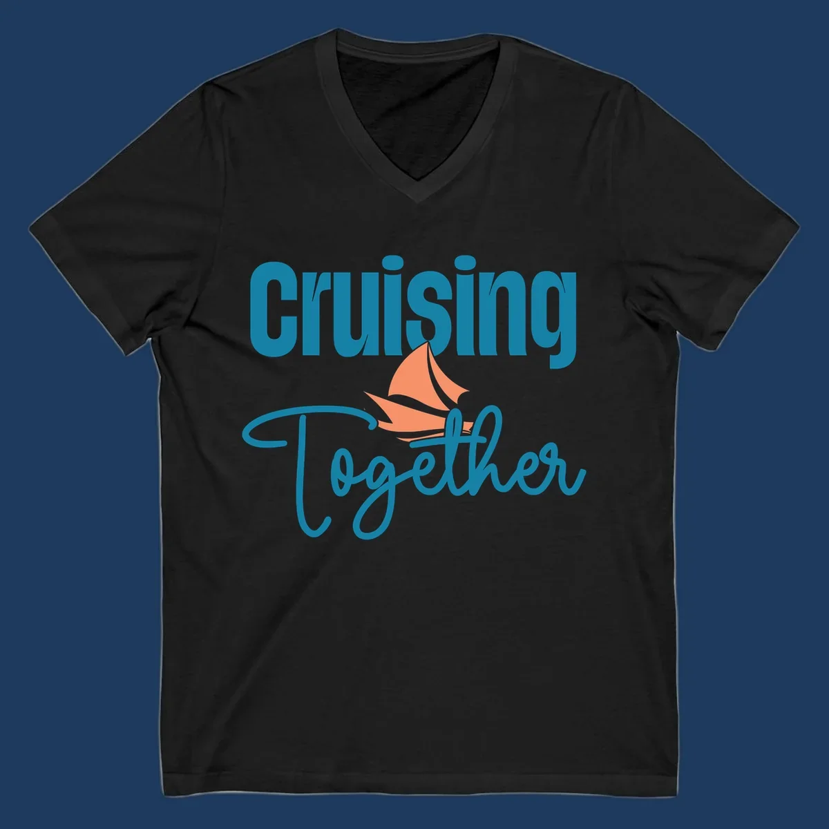 Teal and coral sailboat illustration with 'Cruising Together' text in cursive lettering on gray background