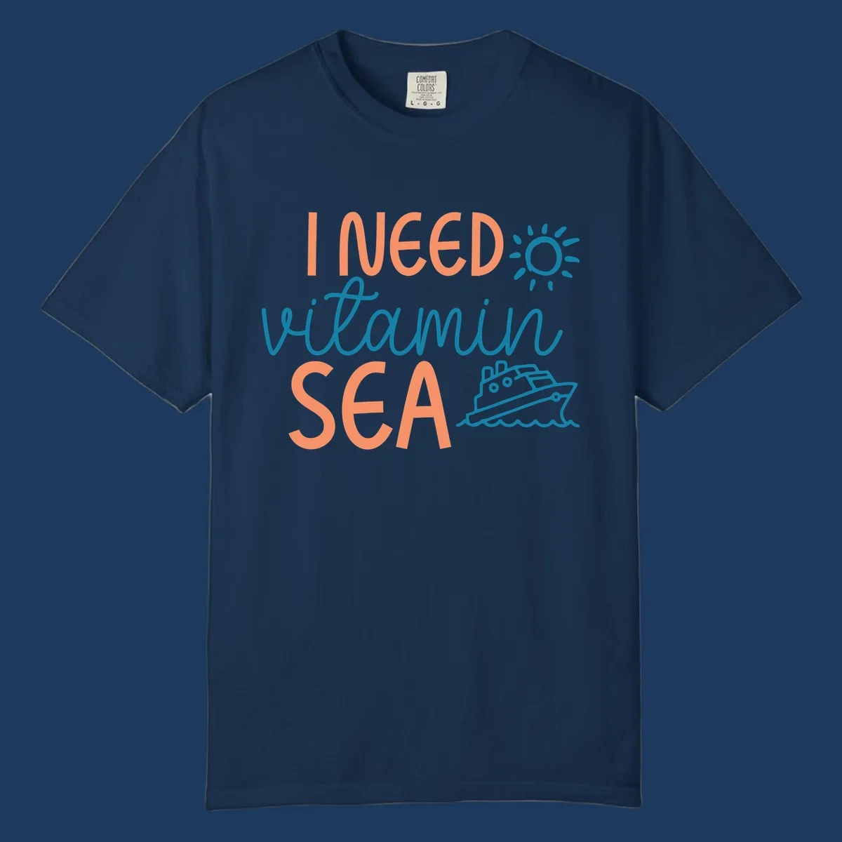 Colorful vitamin sea cruise design with sun, ship, and waves in coral and teal on gray background.