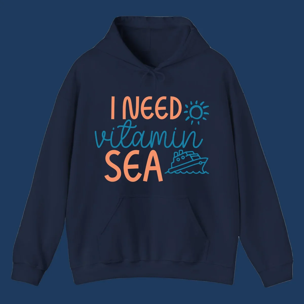 Colorful vitamin sea cruise design with sun, ship, and waves in coral and teal on gray background.